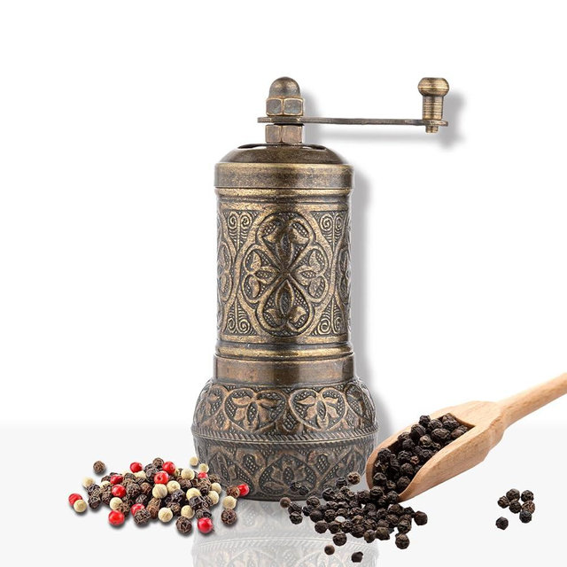 Glios Handmade Decorative Black Pepper Grinder, Refillable Turkish Spice Mill Manual Pepper Mill with Handle, Spice Grinder Metal with Hand Crank 11 cm-4.3 inch (Mat Gold)