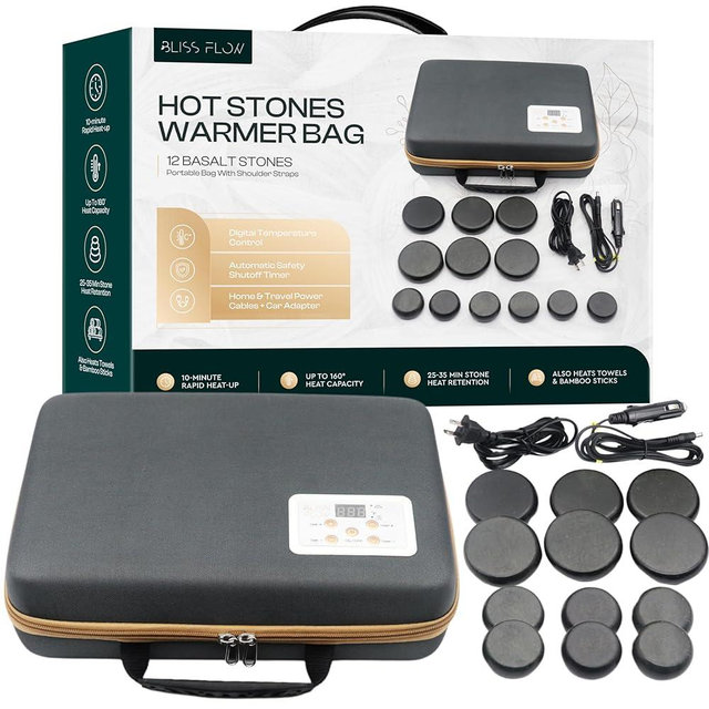 BlissFlow Hot Stones Massage Set with Portable Warmer, 12 Basalt Massage Stones, Hot Rocks Massage Stones, Hot Stone Warmer with Bag and Built-in Digital Control