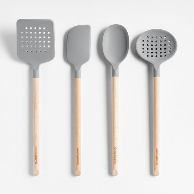 Crate & Barrel Grey Silicone and Wood Utensils, Set of 4