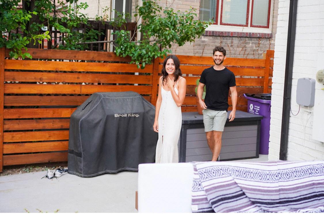 Our entrance into the surprise engagement party with all of our friends,