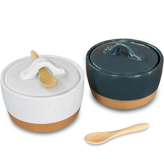 Mora Ceramic Salt and Pepper Cellar Set with Lid - 10 oz Modern Canister/Container/Bowl for Storage, Sea Salt, Spice, Sugar, Countertop - Small Dish/Jar with Wood Spoon, Black & White Crock