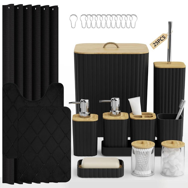 InnJoey Bathroom Accessory Set - 25PC Bathroom Sets with Shower Curtain and Rugs, Black Bathroom Set, Bathroom Accessories Set, Shower Curtain Sets with Rugs, Bathroom Trash Can & Soap Dispenser