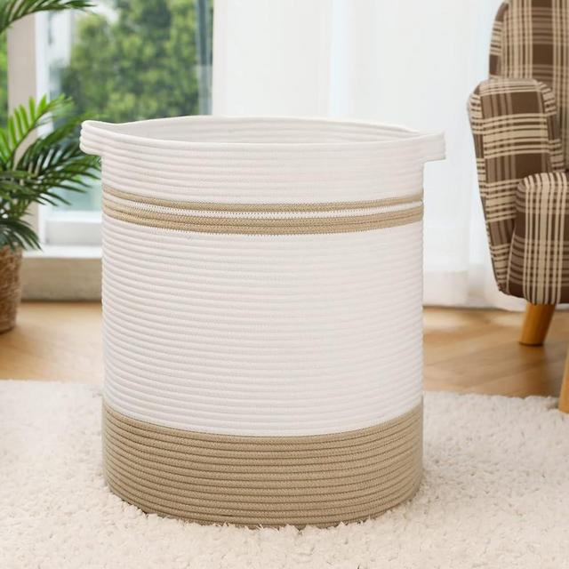 OIAHOMY 80L Laundry Basket, Laundry Hamper, Cotton Rope Storage Basket with Handles, Decorative Woven Basket for Living Room,Storage Baskets for Clothes, Blankets, and Toys -20"×18"-Yellow&White