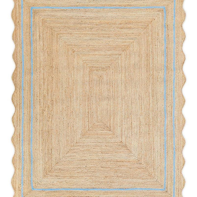 Weaving Village Wave Scalloped Natural Jute Rug Boho Jute Rug Entryway Runner Rug Farmhouse Scallop Rug, Sky Blue (2'x3')