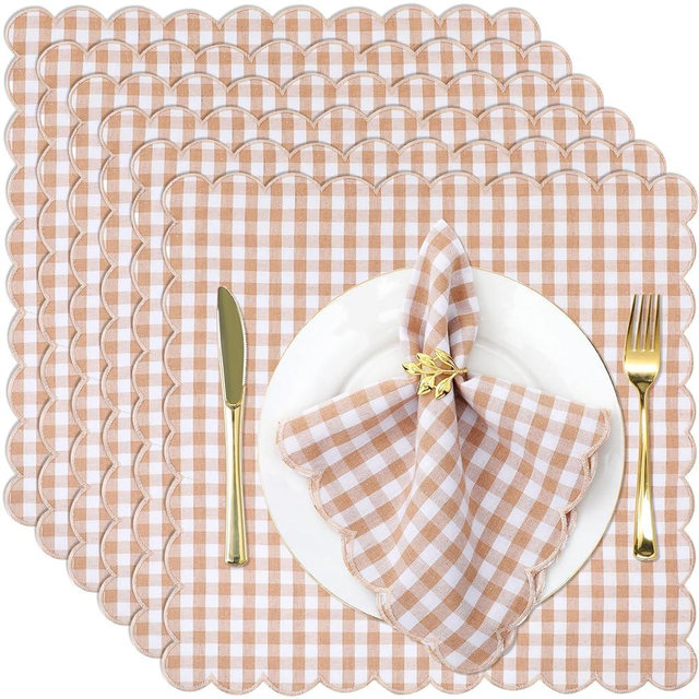 SmoothNovelty 12 Pack Buffalo Plaid Cloth Napkins 18x18 Inch Spring Checkered Cloth Napkins Scalloped Soft Cotton Table Mat Washable Reusable for Dinner Wedding Birthday Parties(Khaki)