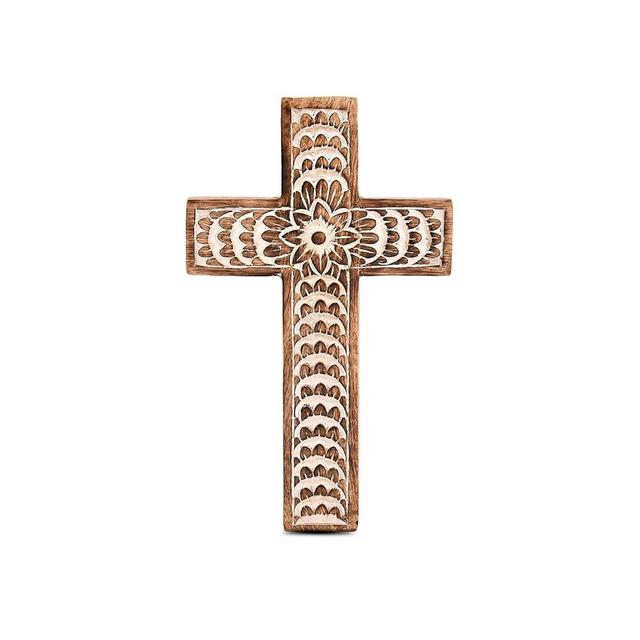 EDHAS Mango Wood White Cross Carved Floral-Design Family Cross Decor,Home Decoration (10" x 6" x 0.5")