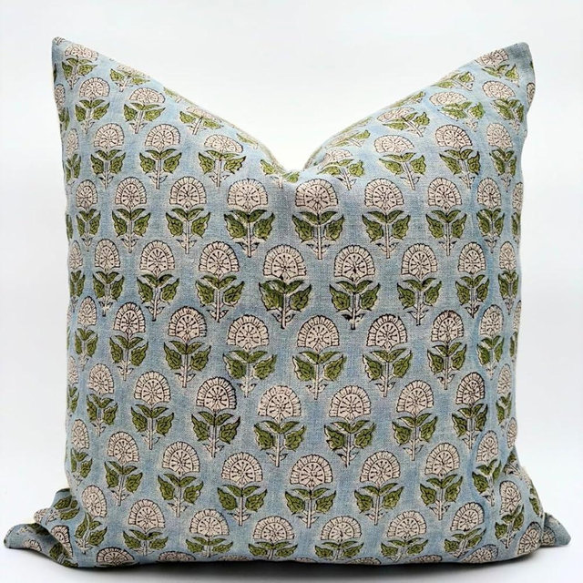 Decorative Pillow Cover French Country Pillow Cover Cottage Decor Floral Block Print, Farmhouse Decorative Cushion Cover, Striped Pillow Cover Line and Loop (Light Blue-Spring Green)
