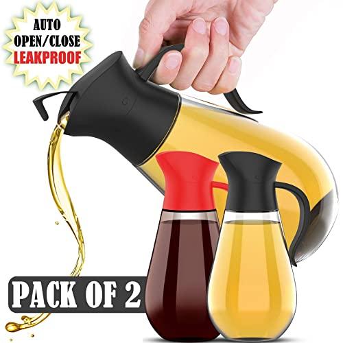 Brieftons Oil & Vinegar Dispensers: 2 x 18.6 Oz Leakproof Glass Dispenser Bottles, Dual Condiment Dispensing Cruet Containers, with Automatic Stopper, Drip-Free & Spill-Free Spout, Non-Slip Handle