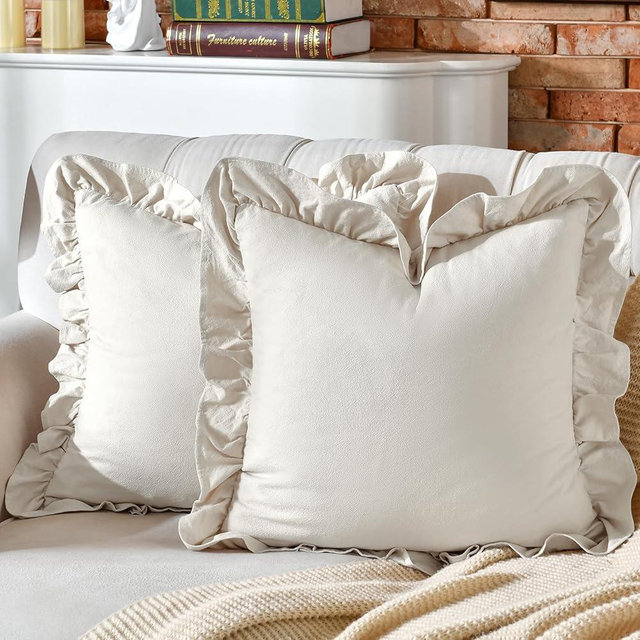 AmHoo Pack of 2 Throw Pillow Covers 100% Cotton Pre Washed Ruffle Decorative Pillowcase Cushion for Couch Sofa Bedroom 18 x 18-Inch Beige