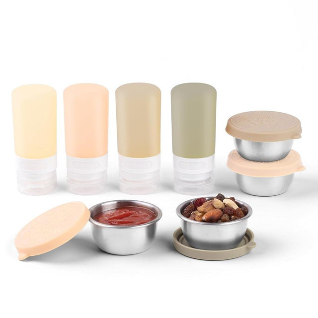 MICEBAY 8-Pack Salad Dressing Container To Go, 2-oz Silicone Small Condiment Squeeze Bottles and 1.6 oz Stainless Steel Sauce Containers Cups, Leakproof Condiment Containers with Lids for Lunch Box