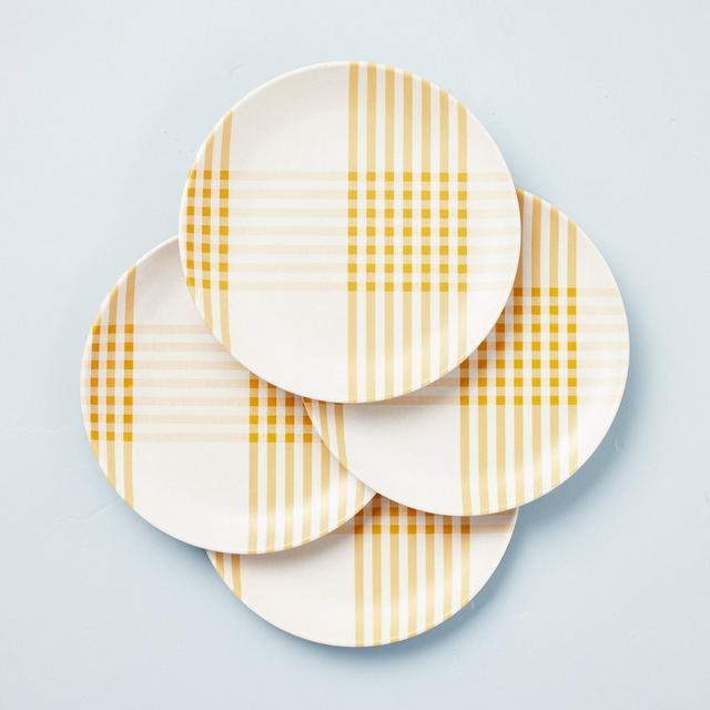 4pk 9" Picnic Plaid Bamboo-Melamine Salad Plate Set Gold/Cream - Hearth & Hand™ with Magnolia