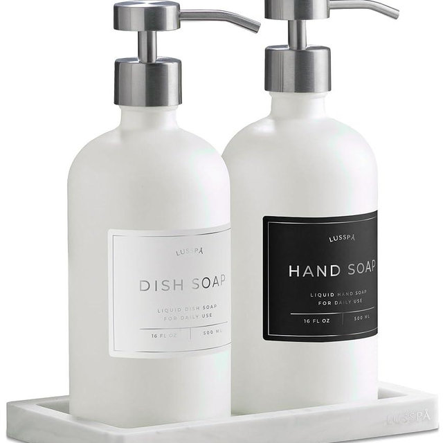 Glass Soap Dispenser Set of 2 (White) with Silicone Tray | Hand and Dish Soap Dispenser for Kitchen and Bathroom | 16.8 Oz Glass Bottles with Stainless Steel Pump & 15 Waterproof Labels (White/Silver)