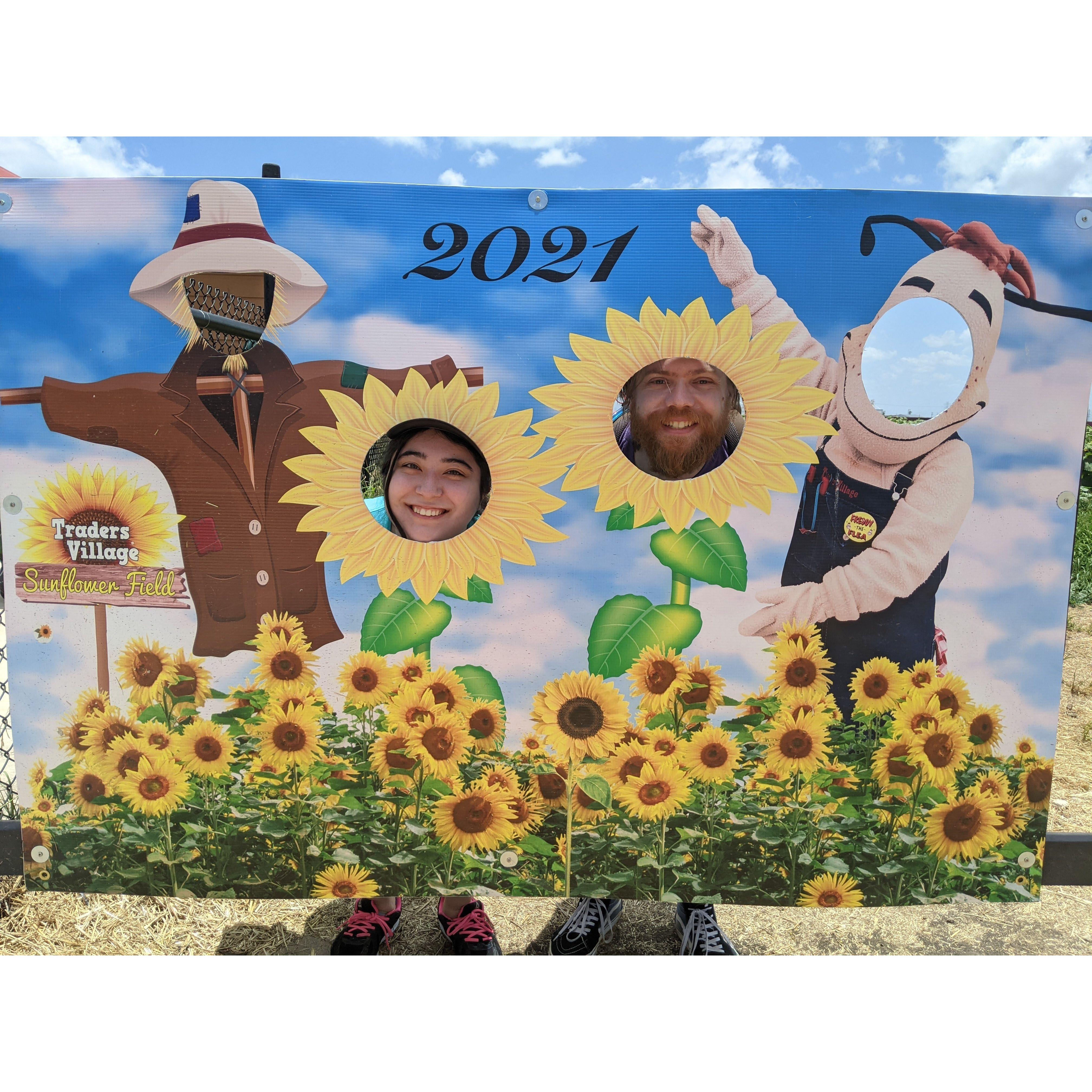 Went to a sunflower maze with our friends and got this silly picture.