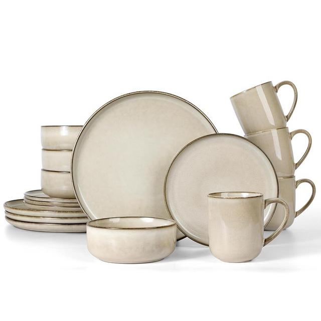 LIANYU Dinnerware Dish Set for 4, 16 Piece Ceramic Dinner Tableware Dishware Set, Stoneware Plates and Bowls Set for Home Restaurant, Microwave & Dishwasher Safe, Sandy Beige