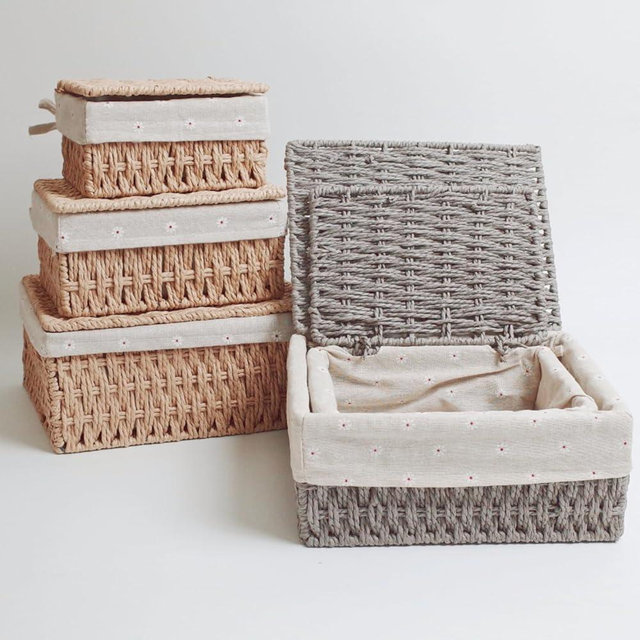Rattanzenith Small Wicker Basket with Lid Paper Storage Baskets for Shelves Small Storage Bin with Removable Liner Nesting Decorative Woven Basket for Makeup Closet Organizer (Small, Khaki)