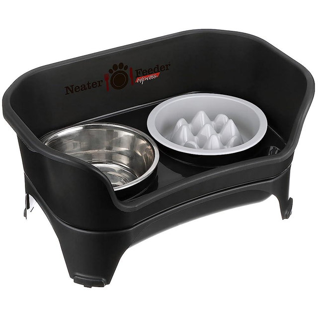 Neater Feeder Express for Medium to Large Dogs with The Niner Slow Feed Bowl - Mess Proof Pet Feeder with Stainless Steel Water Bowl & Nine Peak Slow Feeder - Drip Proof & Non-Tip - Midnight Black