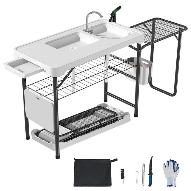 Dragosum Fish Cleaning Table, Portable Folding Camping Table with Folding Grill Extension Board, Fish Cleaning Station with Dual Sinks, Hose Hook Up