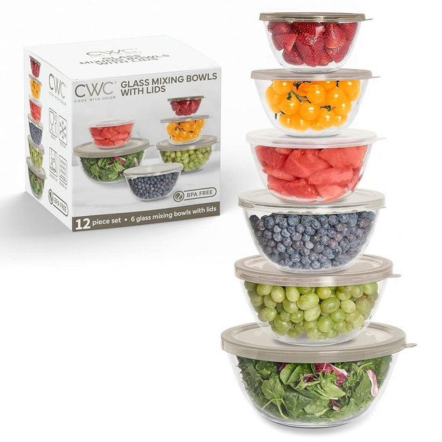 COOK WITH COLOR 12 Pc Glass Mixing Bowl Set with Lids – Borosilicate Glass Nesting Bowls for Cooking, Baking and Meal Prep, Brown