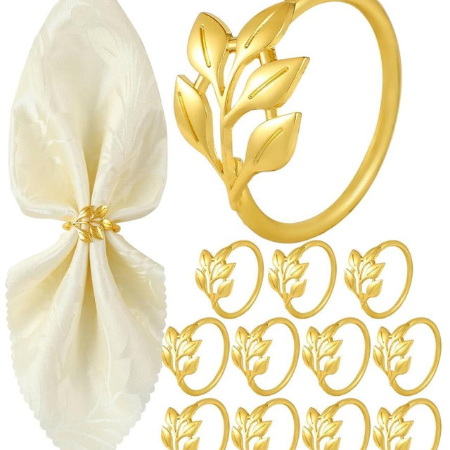 Monkkino Gold Napkin Rings Set of 12, Shiny Zinc Alloy, Durable Polished Leaf Shaped Napkin Rings Fits Any Beautiful Table Decor for Christmas, Wedding, Party, Gift Idea for Elegant Table Settings
