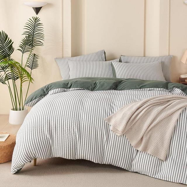 TISPLR Green Comforter Set Queen Size Soft Luxury Washed Microfiber Jacquard 3 Pieces Bedding Set, White Green Vertical Ticking Stripes Pattern Comforter with 2 Pillowcases Breathable Durable Comfy