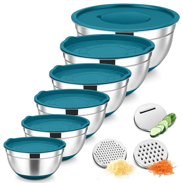 TeamFar Mixing Bowls, Stainless Steel Nesting Salad Bowl with Lids & 3 Graters, For Kitchen Cooking Serving Prepping, Airtight & Non-Slip, Size 4.6/3.5/2/1.5/1/0.7 QT, Set of 5 & Blue