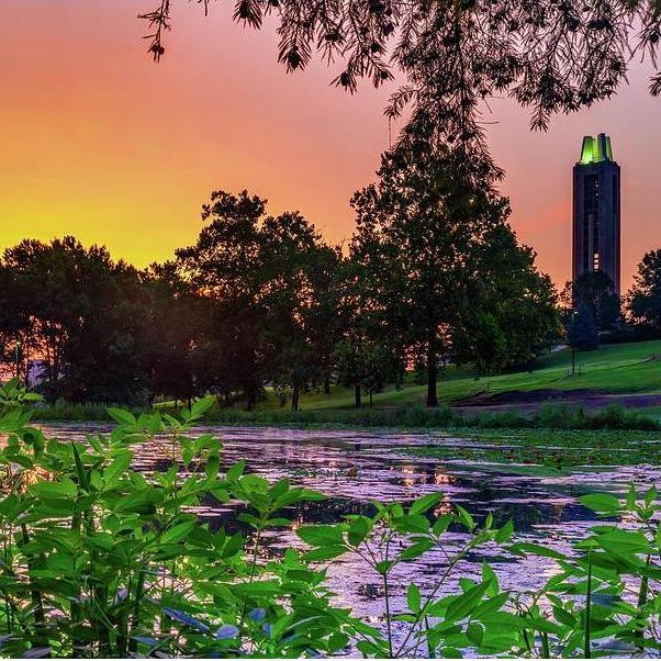 Sunrise over Potter Lake by the KU Campanile bell tower. Photo by Gregory Ballos.