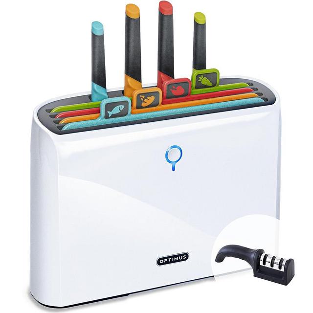 OPTIMUS TECHNOLOGY Self Drying Smart Cutting Board Knife Set │ Ultra High Heat Advanced Auto Cleaning │ 4 Color Coded Chopping Board Organizer & 4 Stainless Steel Knives Set Holder