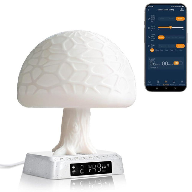 JUXLamp Sunrise Alarm Clock Wake Up Light - 3 Color LED Lamp with Sound & Light Awakening, Bioclock Adjustment & APP Control, Mushroom Tree Design for Bedroom Bedside