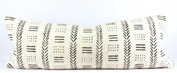 Large Lumbar White Mudcloth Pillow | African White and Black Mud Cloth Pillow | Queen Size Mudcloth Pillow | 13" x 34" Lumbar