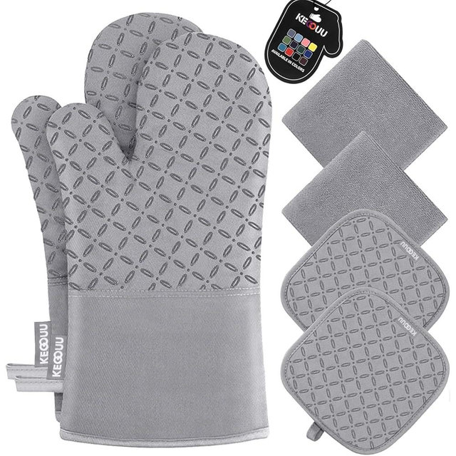 KEGOUU Oven Mitts and Pot Holders 6pcs Set, Kitchen Oven Glove High Heat Resistant 500 Degree Extra Long Oven Mitts and Potholder with Non-Slip Silicone Surface for Cooking (Light Gary)