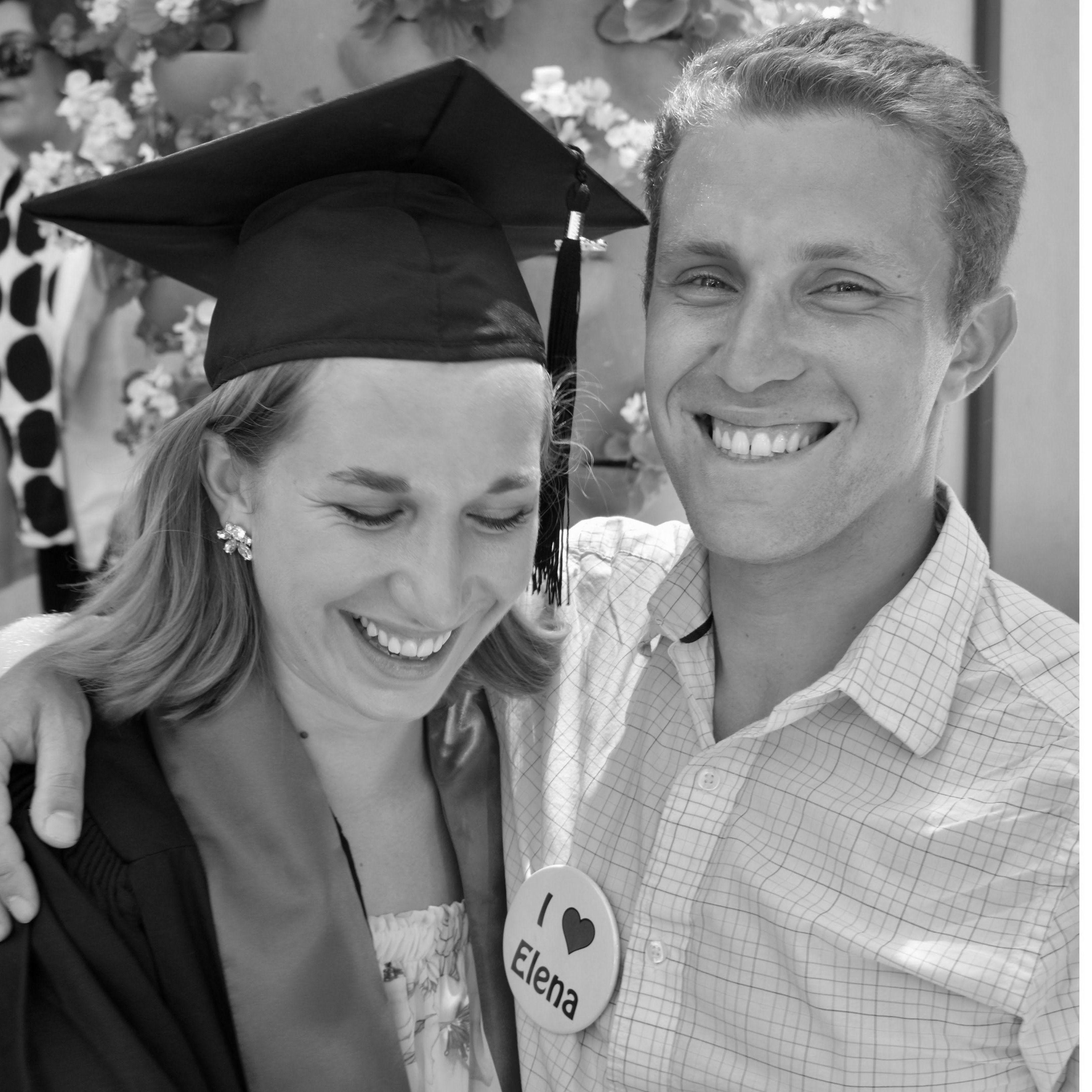 Elena graduates with honors from Stanford in 2017. Josh expresses his admiration with a button.