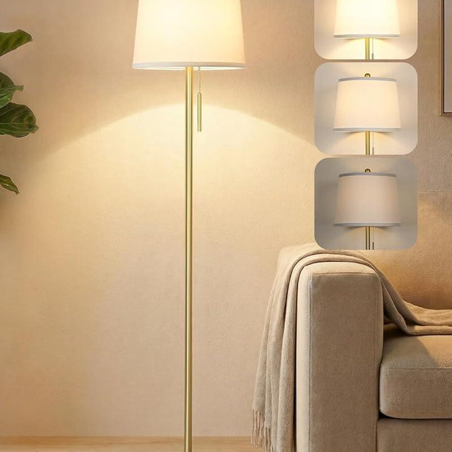 Gold Floor Lamps for Living Room, 63in Modern Standing Lamp 3 Way Brightness Dimmable with White Linen Shade Metal Base Tall Pole Light for Bedroom Reading Office Corner Nursery 8W LED Bulb Included