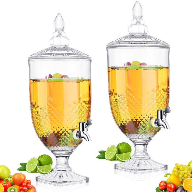Bokon 1.3 Gallon Drink Dispensers for Parties Crystal Iced Beverage Dispenser with Stand and Spigot, Glass Liquid Containers Wide Mouth Beverage Server for Juice Tea Party Bar Wedding (2)