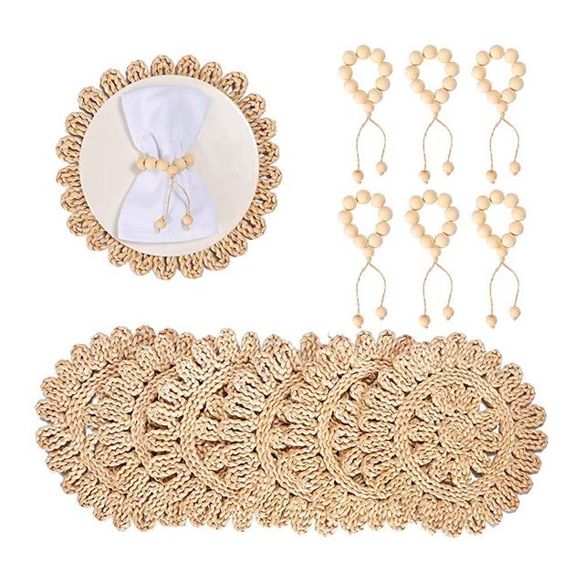 Donmills Round Woven Placemats for Dining Table Set of 6 with Napkin Rings, 13.5 Inches Natural Braided Rattan Tablemat Hollow Wicker Charger Plates for Holiday Kitchen Farmhouse Table Mat Decor