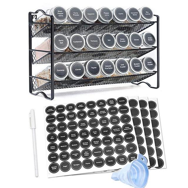 GONGSHI 3 Tier Spice Rack Organizer with 21 Empty Spice Jars, 224 Spice Labels, Chalk Marker and Funnel Set for Countertop, Cabinet or Wall Mount
