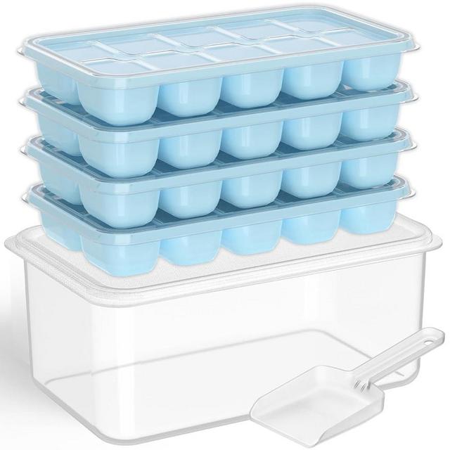 DOQAUS Ice Cube Tray with Lid and Bin, 4 Pack Silicone Plastic Ice Cubes Trays for Freezer with Box/Container, Stackable with Storage Iced Bucket Kits, Scoop, for Baby Food, Cocktail, Coffee