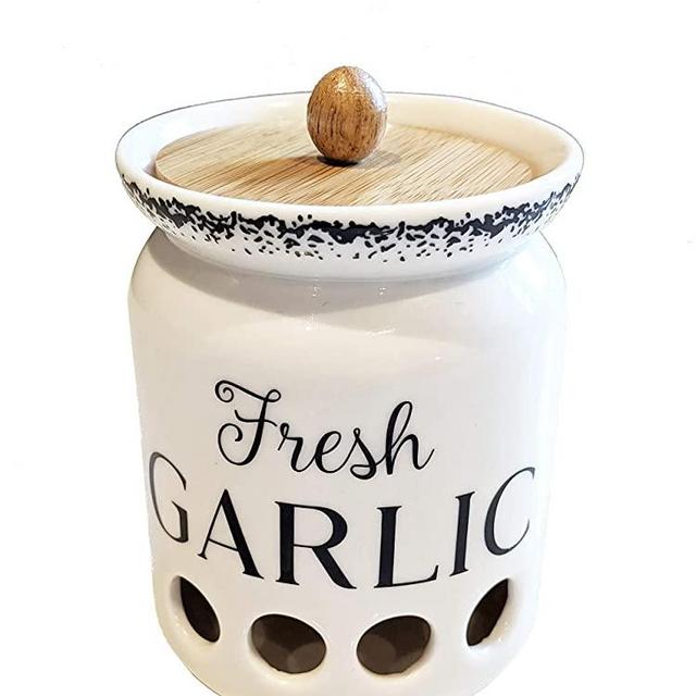 MillGar Ceramic Garlic Keeper for Counter - Farmhouse & Vented Garlic Storage Container To Keep Garlic Cloves Fresher, Longer – Garlic Holder w/Bamboo Wood Lid - Dishwasher Safe
