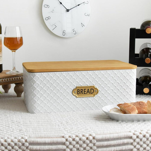 EMAX HOME Farmhouse Style Rectangle Bread Box with Wooden Lid Vertical Spacious Bread Storage Container for Kitchen Countertop White（16.5 * 9 * 6.3 Inches