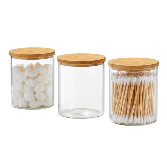 INIUNIK 3 Pack Glass Qtip Holder Bathroom Set, Clear Apothecary Jars with Lids, Cotton Ball Swab Round Holder Bathroom Essential Canisters Accessories for Organization and Storage