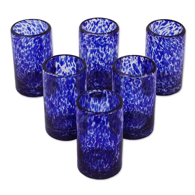NOVICA Hand Blown Blue Confetti Recycled Glass Juice Glasses, 5 oz 'Marine' (set of 6)