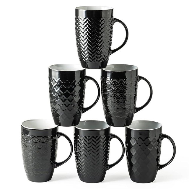 AmorArc Large Coffee Mugs Set of 6, 20oz Ceramic Tall Coffee Mugs Set with Textured Geometric Patterns for Latte/Tea/Beer/Hot Cocoa, Dishwasher & Microwave Safe, Black