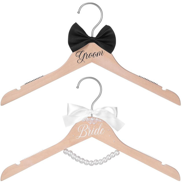 Beeveer 2 Pcs Bride and Groom Wooden Hangers with Bow Tie Wedding Hangers for Tuxedo Favors Wedding Gift Bridal Party Shower(Vivid)