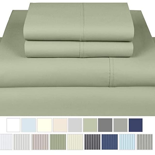 Threadmill Home Linen 600 Thread Count 100% Cotton Sheets, Sage Queen Sheets 4 Piece Cotton Bed Sheet Set, ELS Cotton Bed Sheets Solid Sateen Sheets Fits Mattress Up to 18'' Deep Pocket
