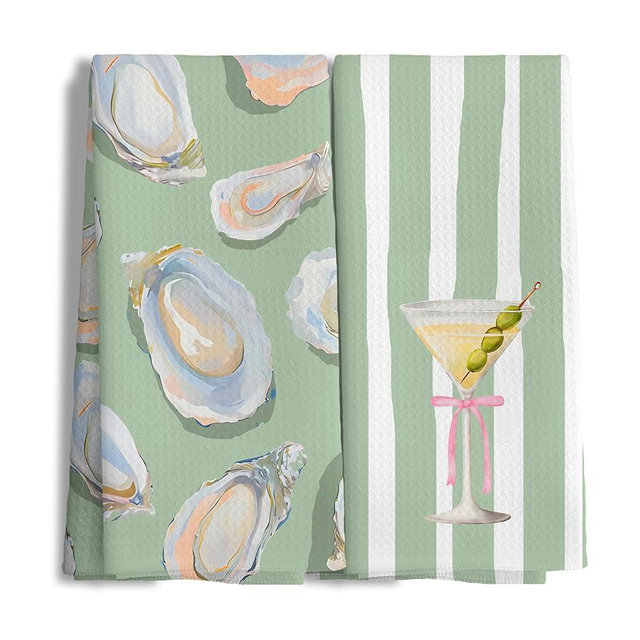 Nipil Green Coastal Oyster Shell and Martini Kitchen Bathroom Towels Set of 2,Watercolor Seafood Cocktail Hand Towels for Kitchen Bar Seaside Restaurant,Beach Lover Gifts Hand Towels,16x24 Inch