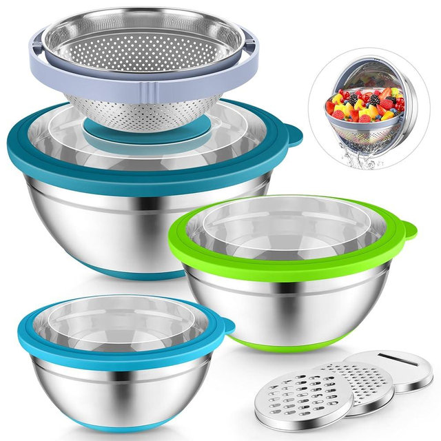 P&P CHEF Mixing Bowls with Lids Set of 3, Stainless Steel Mixing Bowl and Colander for Kitchen, 3 Grater Attachments & Non-Slip Bottoms, Visible & Airtight Lid, Multicolor