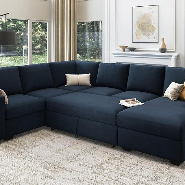HONBAY Sectional Sleeper Sofa with Pull Out Bed U-Shape Sectional Couch Sleeper Bed with Storage Chaise Lounge Living Room 6 Seater Sectional Sofa Bed,Velvet Dark Blue