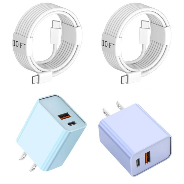 10 Foot Fast iPhone Charging Cable,2Pack 20W Dual Port USB C+A Wall Charger Block with 10FT Type C-C Charging Cable Apple Adapter for iPhone 17/17 Air/17 Pro/16/16e/16 Pro Max/15 Pro/iPad(Purple/Blue)