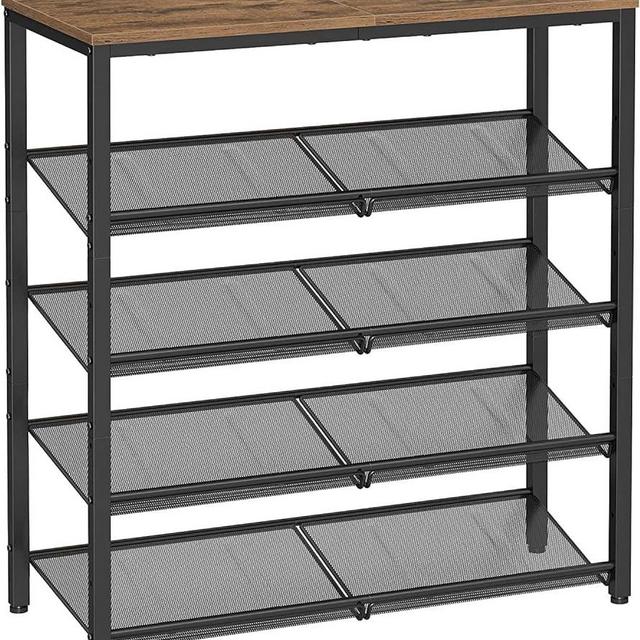 VASAGLE Shoe Rack for Entryway, 5 Tier Shoe Storage Shelves, 16-20 Pairs Shoe Organizer, with Sturdy Wooden Top and Steel Frame, Free Standing, Industrial, Honey Brown and Ink Black ULBS038K01