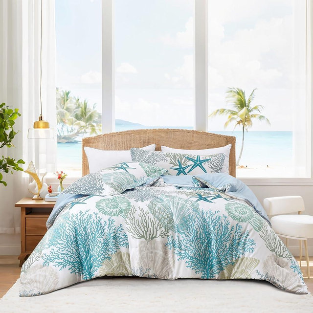 Tritard Coastal Comforter Set Queen Size 3 Piece, Soft Beach Themed Comforter, Ocean Nautical Lightweight Bedding Sets for All Seasons, (1 Reversible Comforter and 2 Pillow Shams), 90''x90'', C1