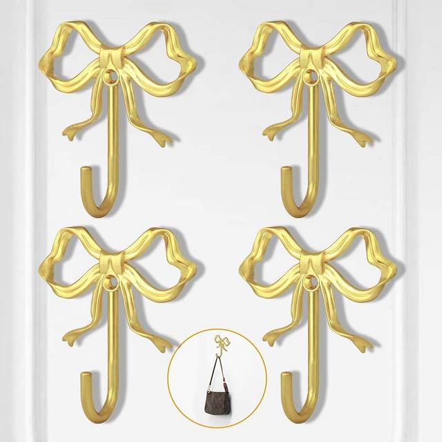 XHIPY 4 PCS Large Size Gold Bow Wall Hook, Gold Coat Hook, Metal Hooks, Bow Room Decor Hooks for Coats, Coffee Mugs, Hats, Bags, Bath Towels and Room Decorations